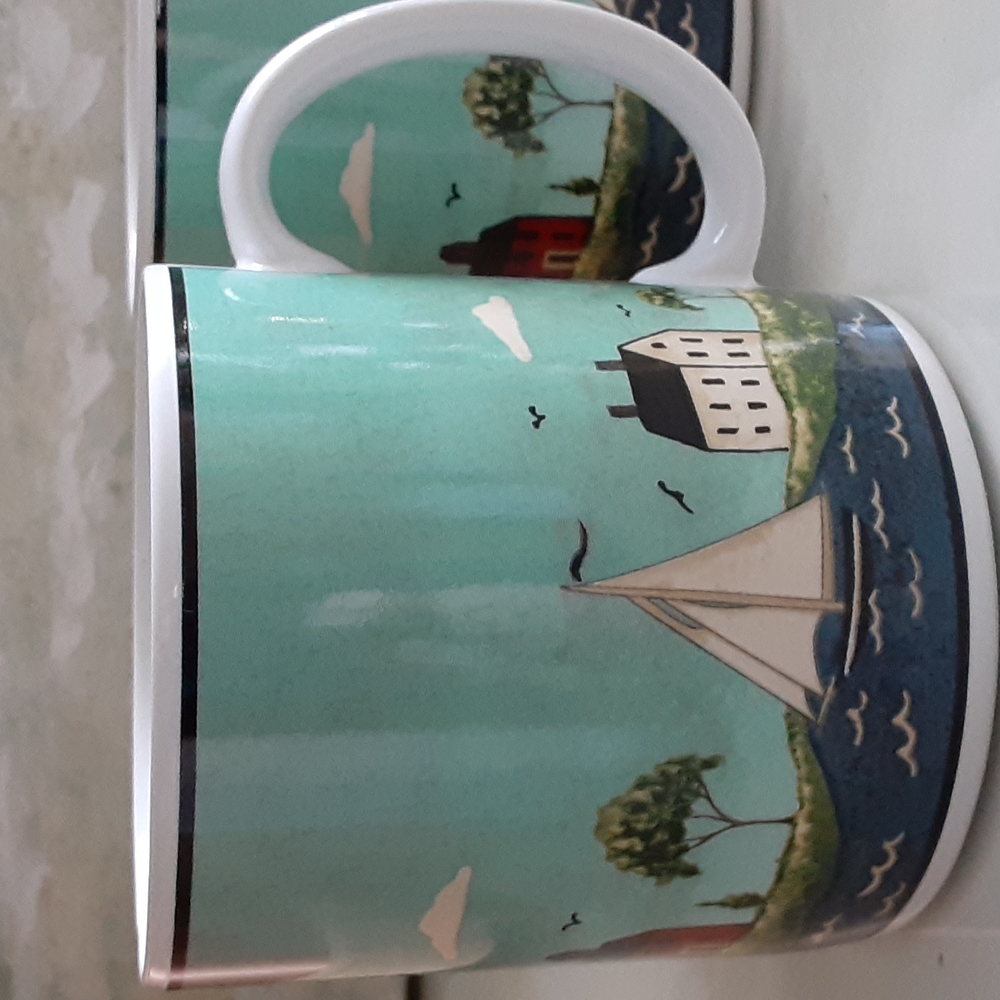 Sakura Oneida COASTAL BREEZE Warren Kimble 8 oz Mugs Flag Sailboat Lighthouse